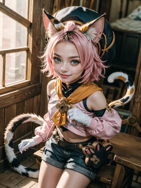 (best quality, masterpiece, colorful, dynamic angle, highest detailed),1girl, smile,animal ears, solo, diona (genshin impact), <lora:diona:0.8> animal ears, solo, diona (genshin impact), cat ears, pink hair, tail, navel, cat tail, animal ear fluff, hat, shorts,green eyes, cat girl, gloves, white gloves, detached sleeves