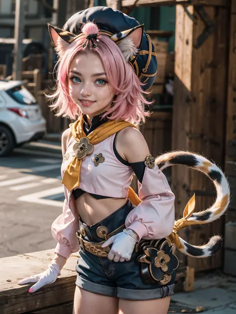 (best quality, masterpiece, colorful, dynamic angle, highest detailed),1girl, smile,animal ears, solo, diona (genshin impact), <lora:diona:0.8> animal ears, solo, diona (genshin impact), cat ears, pink hair, tail, navel, cat tail, animal ear fluff, hat, shorts,green eyes, cat girl, gloves, white gloves, detached sleeves