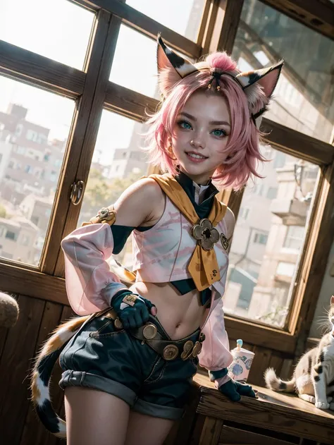 (best quality, masterpiece, colorful, dynamic angle, highest detailed),1girl, smile,animal ears, solo, diona (genshin impact),  <lora:diona:0.8> animal ears, solo, diona (genshin impact), cat ears, pink hair, tail, navel, cat tail, animal ear fluff, hat, shorts,green eyes, cat girl, gloves, white gloves,  detached sleeves