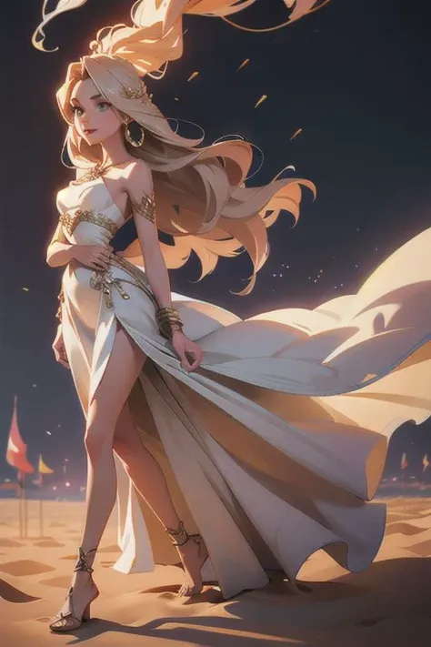 beautiful sand girl with extremely long hair in sand long dress, standing on the hill, The train of the dress is made of fire, digital art, sparkling, long, beautiful aesthetics, motion, smoke, 128k, 5d, bohemian, professional photo, highly detailed, filigree, depth of field, aesthetics, rear illumination, ISO 1000