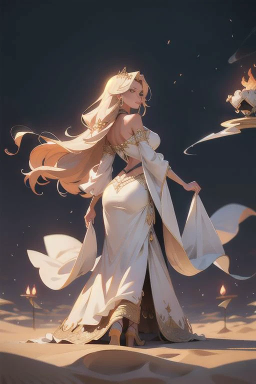 beautiful sand girl with extremely long hair in sand long dress, standing on the hill, The train of the dress is made of fire, digital art, sparkling, long, beautiful aesthetics, motion, smoke, 128k, 5d, bohemian, professional photo, highly detailed, filigree, depth of field, aesthetics, rear illumination, ISO 1000