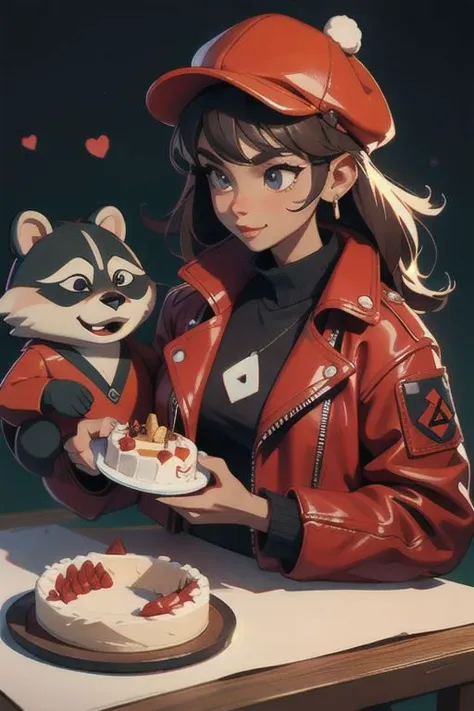 a stylish bear in a leather jacket and a festive cap gives a cake to a raccoon in a red leather jacket