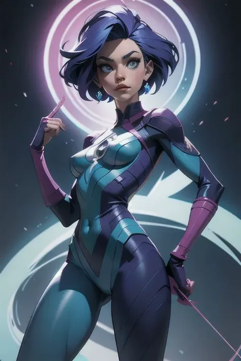 (((Mystic)) X-Men Marvel) a woman with blue paint on her body and body paint on her body, standing in front of a staircase, Daphne Allen, vfx, a poster, plasticien