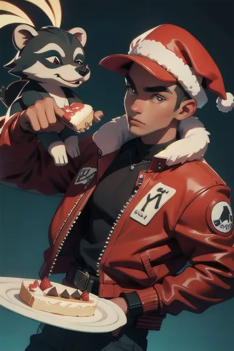 a stylish bear in a leather jacket and a festive cap gives a cake to a raccoon in a red leather jacket