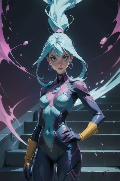 (((Mystic)) X-Men Marvel) a woman with blue paint on her body and body paint on her body, standing in front of a staircase, Daphne Allen, vfx, a poster, plasticien
