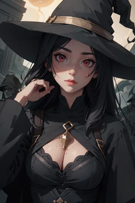 atmospheric scene,  masterpiece,  best quality (detailed face,  detailed skin texture,  ultra detailed body),  (cinematic light: 1.1),  r0seb7rne-smf,  extremely detailed CG,  unity 8k wallpaper,  ultra detailed,  highly detailed | High resolution,  best quality,  extremely detailed,  horror style,  area lighting,  hourglass figure,  HD,  8k,  female Dark mage,  black dress,  eyes bright eyes,  illuminated eyes,  ruby ââeyes,  red eyes,  overlooking an army,  horror style,  witch hat,  black longe hair,  black costume,  on the battlefield, <lora:EMS-44663-EMS:0.800000>