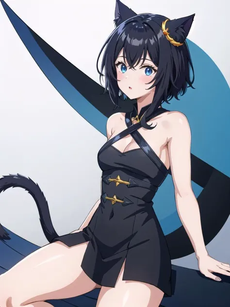 1girl, fran, cat tail, cat ears, black hair, blue eyes, tail, hair ornament, crossed bangs, animal ear fluff, short hair, [small breasts], <lora:StS-FranRAAS:0.9>, fantasy
