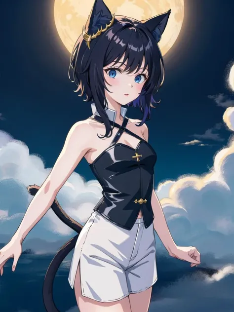 1girl, fran, cat tail, cat ears, black hair, blue eyes, tail, hair ornament, crossed bangs, animal ear fluff, short hair, [small breasts], <lora:StS-FranRAAS:0.9>, fantasy