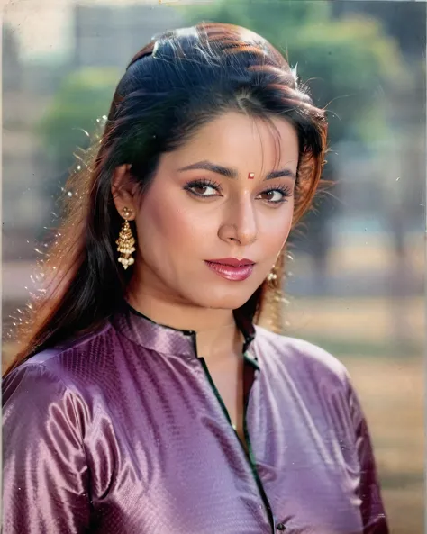 ultrarealistic soft focus photo of a 30-year-old woman, neelam kothari, outdoors, high neck Punjabi Suit covering chest and cleavage, HDRI camera angle, looking looking at camera, day time, beautiful bokeh <lora:Neelam_Kothari_SDXL_LoRA:1>