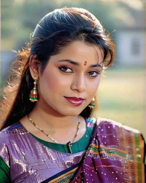 ultrarealistic soft focus photo of a 30-year-old woman, neelam kothari, outdoors, high neck colorful Mekhela Chador (Assamese traditional attire) covering chest and cleavage, Full shot camera angle, looking looking at camera, day time, beautiful bokeh <lora:Neelam_Kothari_SDXL_LoRA:1>