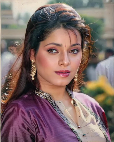 ultrarealistic soft focus photo of a 30-year-old woman, neelam kothari, outdoors, high neck Salwar Kameez covering chest and cleavage, low-angle shot camera angle, looking looking at camera, day time, beautiful bokeh <lora:Neelam_Kothari_SDXL_LoRA:1>
