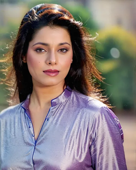 ultrarealistic soft focus photo of a 30-year-old woman, neelam kothari, outdoors, high neck Pants_kurta covering chest and cleavage, telephoto shot camera angle, looking looking at camera, day time, beautiful bokeh <lora:Neelam_Kothari_SDXL_LoRA:1>
