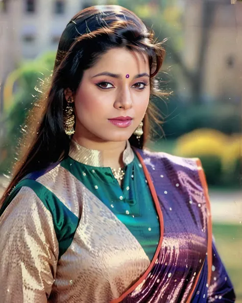 ultrarealistic soft focus photo of a 30-year-old woman, neelam kothari, outdoors, high neck colorful Long Anarkali Gown covering chest and cleavage, Fisheye-shot camera angle, looking looking at camera, day time, beautiful bokeh <lora:Neelam_Kothari_SDXL_LoRA:1>