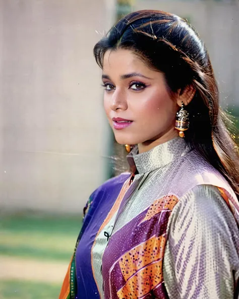 ultrarealistic soft focus photo of a 30-year-old woman, neelam kothari, outdoors, high neck colorful Pants_kurta covering chest and cleavage, Over-the-shoulder shot camera angle, looking looking at camera, day time, beautiful bokeh <lora:Neelam_Kothari_SDXL_LoRA:1>