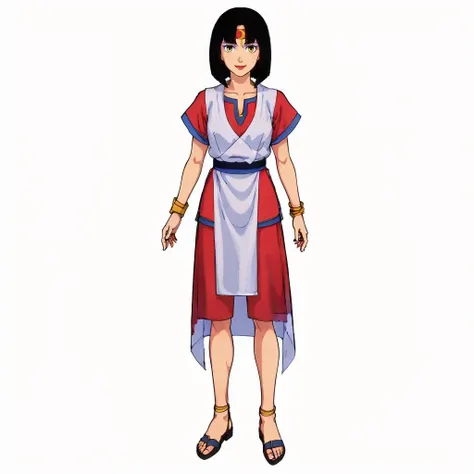 masterpiece,high quality,white background,solo,
<lora:rasaramoon006:0.7>,smile,
rasaramoon,1girl,
short hair,hime cut,black hair,bangs,headband,Crescent,makeup,eyeshadow,yellow eyes,lipstick,
tunic,short sleeves,sash,pelvic curtain,dress,
bracelet,wristband,
Gaiters,sandals,