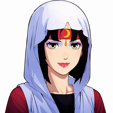 masterpiece,high quality,white background,solo,
<lora:rasaramoon006:0.7>,smile,
rasaramoon,1girl,
short hair,hime cut,black hair,bangs,headband,Crescent,makeup,eyeshadow,yellow eyes,lipstick,
hood,