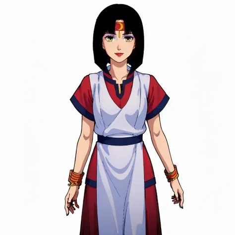 masterpiece,high quality,white background,solo,
<lora:rasaramoon006:0.7>,smile,
rasaramoon,1girl,
short hair,hime cut,black hair,bangs,headband,Crescent,makeup,eyeshadow,yellow eyes,lipstick,
tunic,short sleeves,sash,pelvic curtain,dress,
bracelet,wristband,