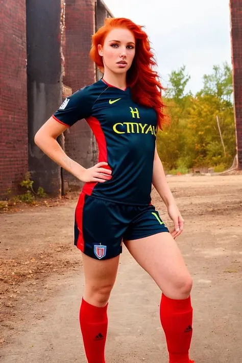 a  woman,(closeup) , (((standing))), ((full body)), (( from front)), (dressed as a soccer player:1.2),(((red hair))), perfect hands, perfect face, perfect eyes, perfect iris, pale skin, slim body, background is city ruins, (high detailed skin:1.2), (dynamic pose)