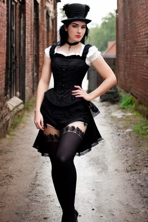 a woman,(closeup) , (((standing))), ((full body)), (( from front)), (dressed in victorian dressr:1.2),(((black hair))), perfect hands, perfect face, perfect eyes, perfect iris, pale skin, slim body, background is city ruins, (high detailed skin:1.2), (dynamic pose)