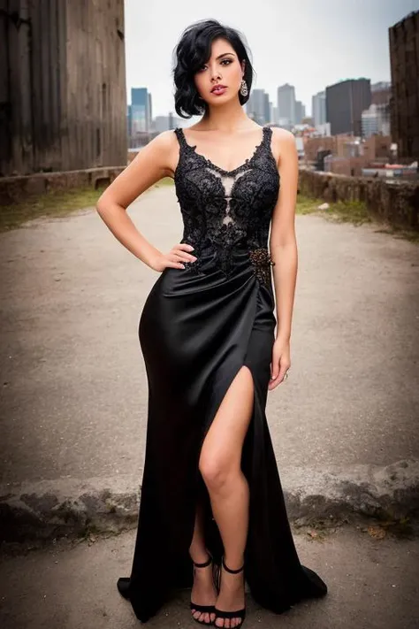 a woman,(closeup) , (((standing))), ((full body)), (( from front)), (dressed in evening dress:1.2),(((black hair))), perfect hands, perfect face, perfect eyes, perfect iris, pale skin, slim body, background is city ruins, (high detailed skin:1.2), (dynamic pose)