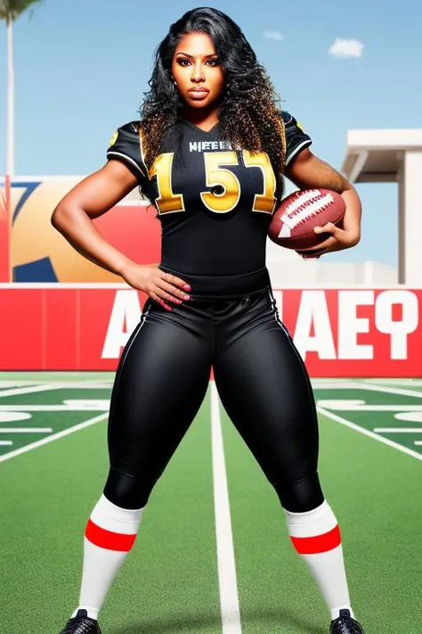 a woman, (dressed as an American football player with a helmet), ((solo)), (dynamic pose:0.9), photorealistic, (hyperrealistic:1.2), beautiful, masterpiece, best quality, extremely detailed face, perfect lighting, medium breasts, (wide hips:1.2), nsfw, (from front), glowing, , (( black long hair)), perfect eyes, large eyes, curly eyelashes, (exited face:1.1) , ((perfect face)), ((fishnets)), (((horny))), ((perfect hands)), (perfect hands), full body