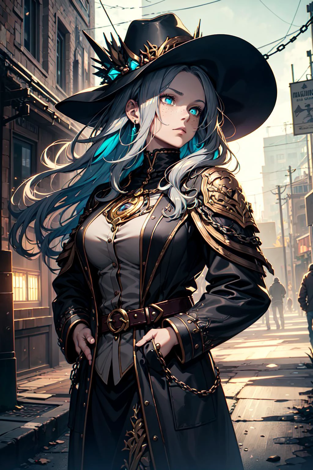 (realistic, cinematic digital artwork, masterpiece, colorful:1.3),
1 girl, adult woman, freckles, teal eyes, white layered hair,
looking up, solo, half shot, detailed background, (<lora:FiveDecorsAIx3:0.6> EbonyGoldAI theme:1.1), dark hunter, serious expression, silver trimmed elaborate intricate leather clothes, coat, straps, belts, skull symbols, pockets, buckles, shadowed face, wide brimmed tall hat, chains, dark medieval alley in background, winter, eerie atmosphere, dark lighting, shadows, warhammer dark fantasy,