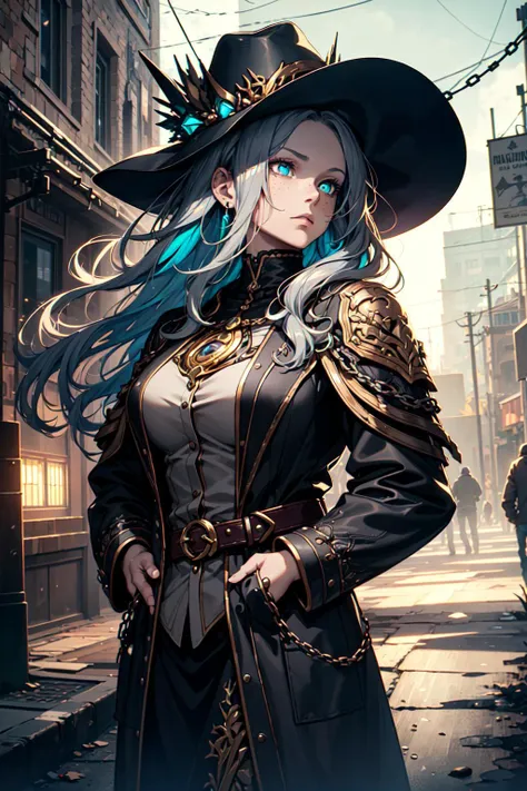 (realistic, cinematic digital artwork, masterpiece, colorful:1.3),
1 girl, adult  woman, freckles, teal eyes, white layered hair,
  looking up, solo, half shot, detailed background, (<lora:FiveDecorsAIx3:0.6> EbonyGoldAI theme:1.1), dark hunter, serious expression, silver trimmed elaborate intricate  leather clothes, coat,  straps, belts, skull symbols, pockets, buckles,  shadowed face,    wide brimmed tall hat,  chains, dark medieval alley in background, winter, eerie atmosphere, dark lighting, shadows, warhammer dark fantasy,