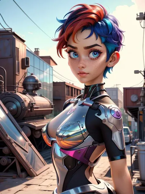 Disney, Pixar (Style: trending on artstation, ((high quality:1.2, masterpiece:1.2)) , (8k resolution) , high details, incredibly absurdres, color connection, colorized, colorful, sexy, nsfw, seductive, wide angled lens sample, 3/4 body shot)
(1girl, 25 years old, big eyes, latina face, freckles, (short hair, shaved sides:1.2), multicolored hair, medium breasts)
<lora:DecorationBundlev2:0.7> (backround: GlassSteelAI , laboratory, ),