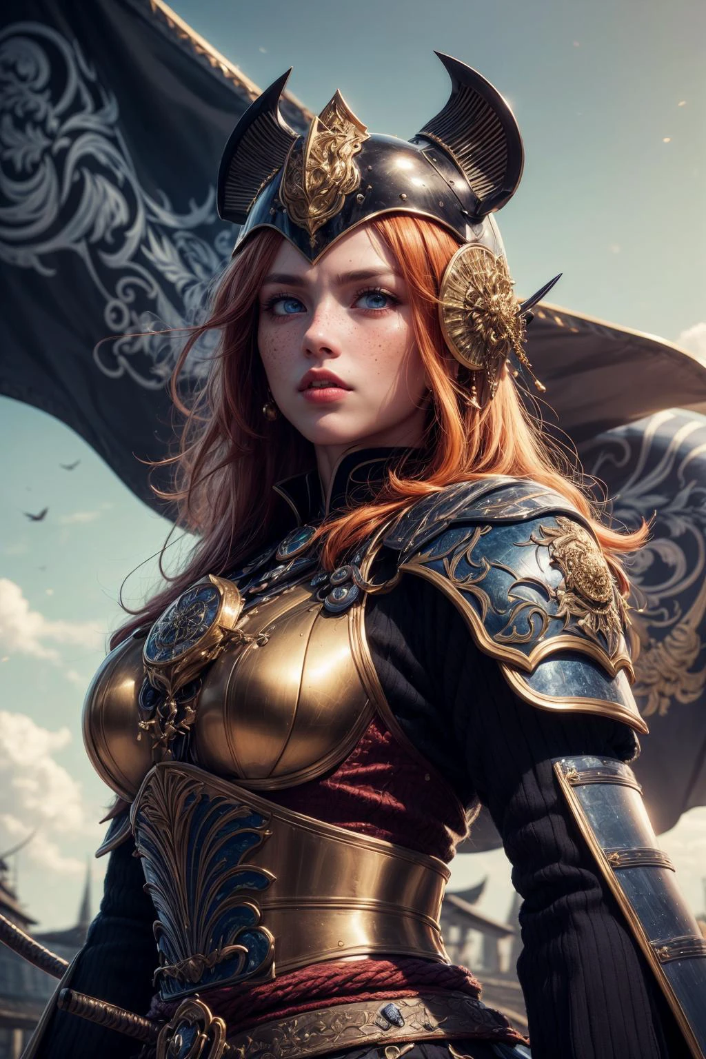 <lora:add_detail:1>
1 girl, adult (elven:0.7) woman, freckles, light blue eyes, ginger hair flaps,
portrait, solo, (full body:0.6), looking up, detailed background, detailed face, (<lora:DecorationBundlev2:0.6> EbonyGoldAI theme:1.1), shogun, blue samurai armor, samurai helmet, dynamic pose, calm, bushido, banner in background, wind, cinematic atmosphere,