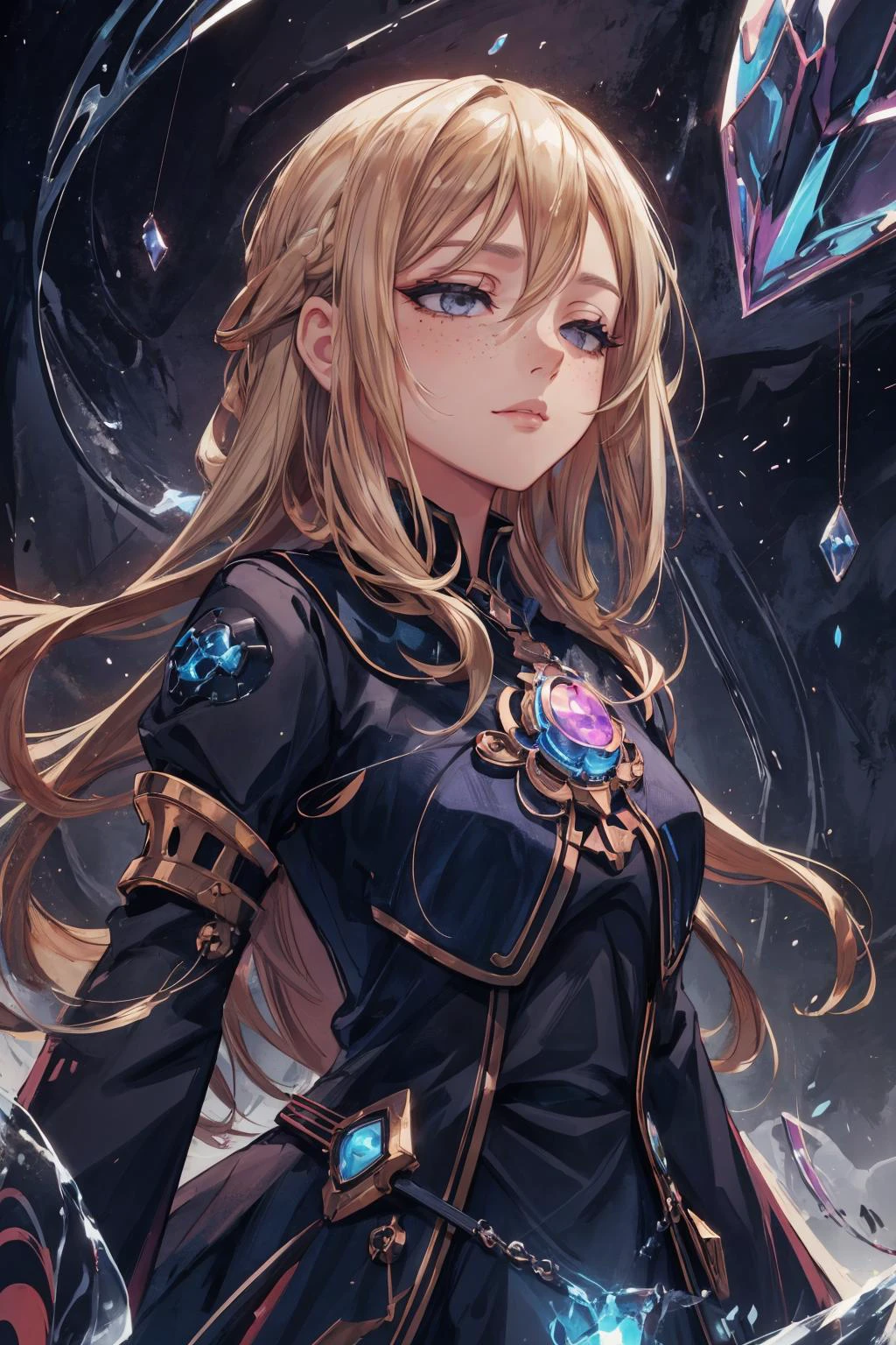 maximum details, cinematic, abstract art, <lora:add_detail:0.5>, <lora:epi_noiseoffset2:0.5>,
1 girl, adult woman, freckles, grey eyes, dark blonde waterfall braid,
Style-GravityMagic, solo, upper body, looking up, detailed background, detailed face, (<lora:DecorationBundlev2:0.4>, GemstoneAI, gemstone theme:1.1) (closed eyes:1.1), concetrating, magical third eye , eye tattoo, illusionist, psychic powers, levitation, telepathy, enchantment, psychomancy, clairvoyance, thought projection, magical blue psychic energy emanating, mystic atmosphere,
torino aqua, <lora:torinoAquaStyleLora_offset:0.4>,