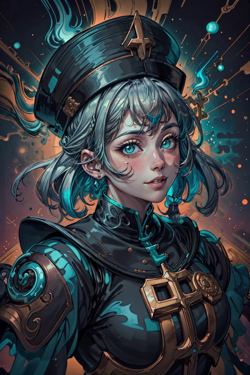 (inked original-art:1.2), (lineart:1.31), (fine-details:1.3), limited-palette, (depth), <lora:add_detail:1>
1 girl, adult woman, teal eyes, copper updo hairstyle,
(style-swirlmagic:1.0), character focus, portrait, looking at viewer, solo, half shot, detailed background, detailed face, (<lora:FiveDecorsAIx3:0.6> EbonyGoldAI theme:1.1) religious leader, warm smile, veiled, purple hexagonal symbols, mitre, bishop hat, dynamic pose, preaching, church, divine light, mural, floating particles, swirling lights emanating, silver, holy fire, updraft,
<lora:zaunT_zaunV1:0.3>,