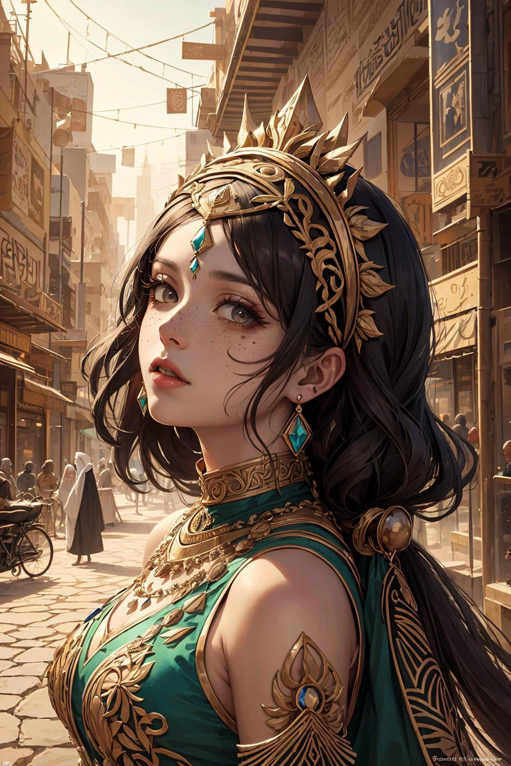 (masterpiece, top quality, best quality, official art, beautiful and aesthetic:1.2), extreme detailed, (abstract:1.2), (zentangle:1.2), luminous trails, colorful, visual chaos, captivating patterns, creative experimentation, highest detailed, <hypernet:sxzBloom_sxzBloom:0.1>
1 girl, adult woman, freckles, black eyes, dark blonde updo hairstyle,
portrait, solo, (full body:0.6), looking up, detailed background, detailed face, (<lora:FiveDecorsAIx3:0.4>, GemstoneAI, gemstone theme:1.1) middle-eastern desert warrior, white mongolian clothes, trinkets, regal headdress, geometric motifs islamic culture, middle-eastern city in background, backlighting, cinematic atmosphere,
<lora:graphicNovelStyle_v10:0.2>,