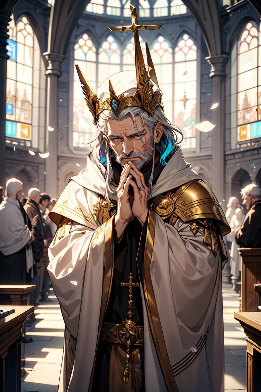 (realistic, cinematic digital artwork, masterpiece, colorful:1.3),
(1man, wrinkled face, old czech male:1.2), wise, purple eyes, white hair, thin beard,
character focus, portrait, looking down, solo, (full body:0.6), detailed background, detailed face, (<lora:FiveDecorsAIx3:0.4>, ivorygoldai, ivory-gold theme:1.1) oracle, gentle expression, religious armor, headdress, praying, church, altar, religious icons, incense, mural, sacred texts, chalice, petals, ethereal atmosphere, high fantasy style, gold, updraft,