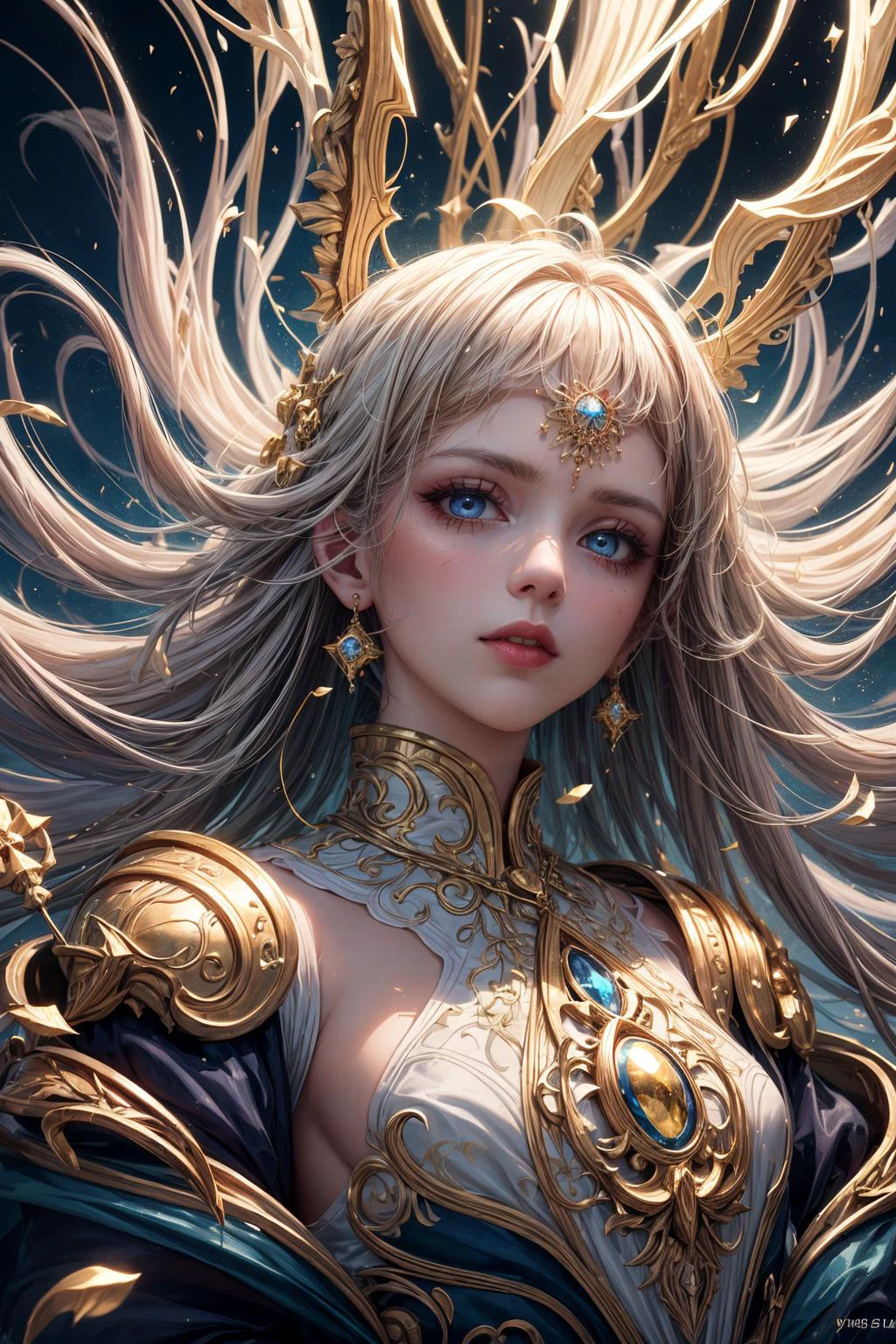 (masterpiece, top quality, best quality, official art, beautiful and aesthetic:1.2), extreme detailed, (abstract:1.2), luminous effects, colorful, visual chaos, highest detailed, <hypernet:sxzBloom_sxzBloom:0.1>, <lora:add_detail:1>
1 girl, adult russian woman, blue eyes, blonde blowout hair,
Style-GravityMagic, portrait, (bloody scars:0.7), looking up, solo, (full body:0.6), detailed background, (<lora:DecorationBundlev2:0.4>, ivorygoldai, ivory-gold theme:1.1), mysterious warlock, intricate dark orange cape, ornate artifact, pursed lips, hair flowing in the wind, (dark blue lightning <lora:LightingVFX:0.1>), enchanted spell, floating particles, bright lighting, burst of magical energy in background,