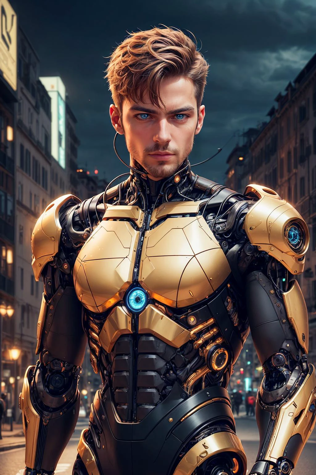 <lora:add_detail:1>
(1man, thin adult italian male:1.2), blue eyes, ginger hair, layer cut,
solo, half shot, looking down, detailed background, detailed face, (<lora:FiveDecorsAIx3:0.6> EbonyGoldAI theme:1.1), android, cyborg, mechanical limbs, wires, cables, dynamic pose, sleek design, gadgets, powered by future tech, reflections, lightning <lora:LightingVFX:0.2> in background, epic atmosphere,