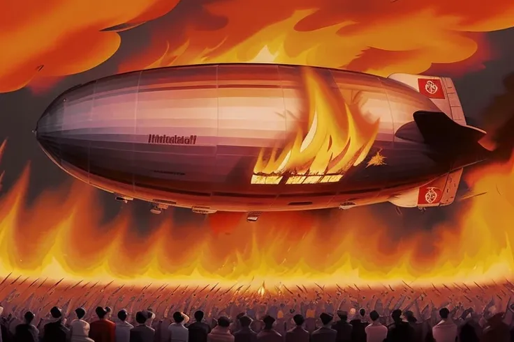 <lora:lz129:1>, hindenburg, burning blimp, explosion, wreckage, <lora:lottalewdsThisisfine_v2:0.7> thisisfine, fire, smoke, no humans