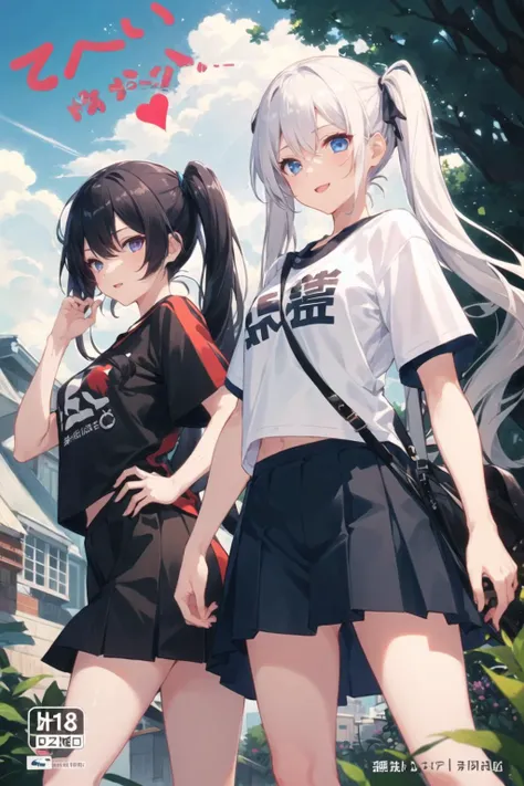 2girls, casual clothes, pleated skirt, t-shirt, twintails, long hair, cover page, video game cover, cover image, kanji, text, happy, standing, character name, dual persona, dark persona, white hair, black hair, red eyes, blue eyes, sky, nature, logo, fantasy, outdoors