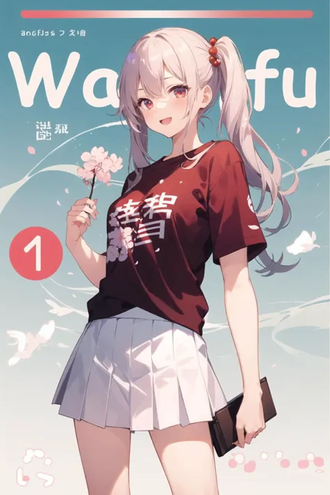 1girl, casual clothes, pleated skirt, t-shirt, twintails, long hair, cover page, magazine cover, cover image, kanji, text, happy, standing, character name, cherry blossom, nature, gradient background