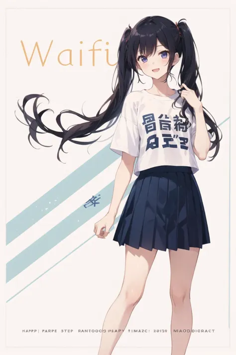 1girl, casual clothes, pleated skirt, t-shirt, twintails, long hair, cover page, magazine cover, cover image, kanji, text, happy, (simple background:0.8), standing