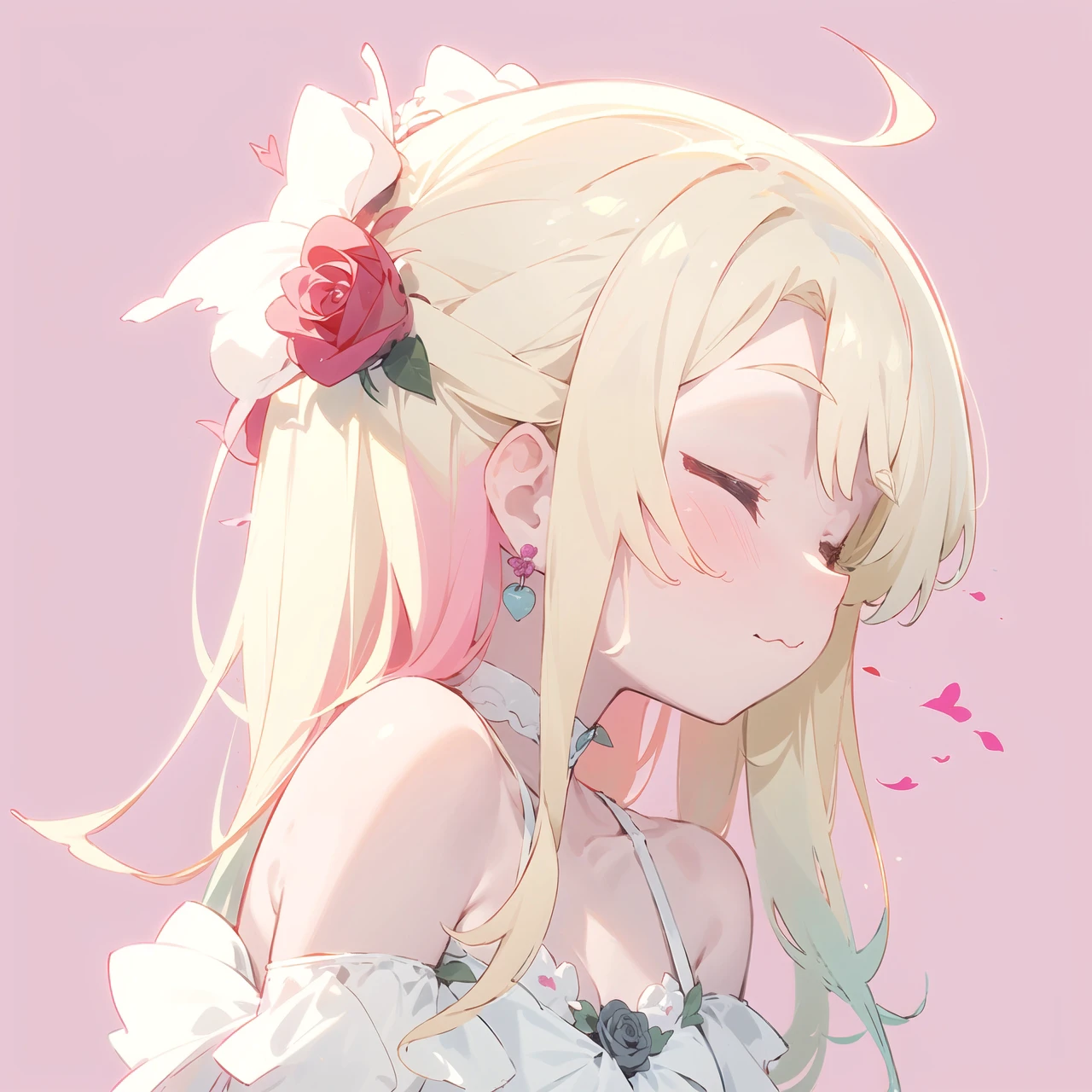 (masterpiece, best quality), pink rose background, profile, close shot, <lora:noa:0.8>, himenoa , :3, white choker, closed eyes, flower, white dress, bare_shoulders, collarbone, earrings, jewelry, (flower, rose:1.5), hair behind ear, facing_away, <lora:blade-doodle_v2.0:1>