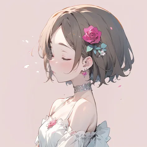 (masterpiece, best quality), simple pink rose background, profile, close shot, 1girl, light brown hair, short hair, white choker, forehead, closed eyes, flower, white dress, bare_shoulders, collarbone, earrings, jewelry, (flower, rose:1.3), hair behind ear, facing_away, <lora:blade-doodle_v2.0:1>