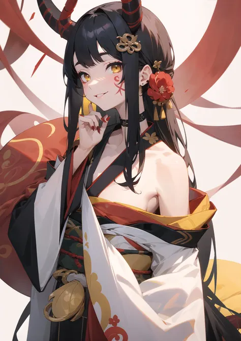 <lora:ken2-000002:1>, 1girl, sarashi, black choker, horns, solo, choker, long hair, japanese clothes, looking at viewer, hair ornament, white background, kimono, upper body, facial mark, red nails, bare shoulders, open clothes, hand up, bangs, off shoulder, red kimono, chest sarashi, oni horns, yellow eyes, simple background, nail polish, very long hair, makeup, tattoo, open kimono, smile, strapless, fingernails, wide sleeves