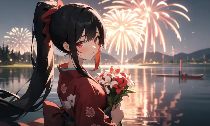 masterpiece,best quality,
1girl,black hair, long hair,ponytail, nape,red eyes, light smile, looking at viewer,holding bouquet, lily \(flower\),
red kimono,
(fireworks),(aerial fireworks),firework background,(night),shrine,lake, light reflection \(water\),