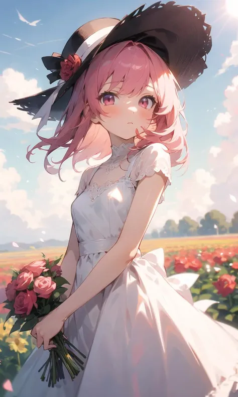 (masterpiece, best quality), 1girl, flower, solo, dress, holding, sky, cloud, hat, outdoors, bangs, bouquet, rose, expressionless, blush, pink hair, flower field, red flower, pink eyes, white dress, looking at viewer, midium hair, holding flower, small breasts, red rose, holding bouquet, sun hat, white headwear, depth of field,