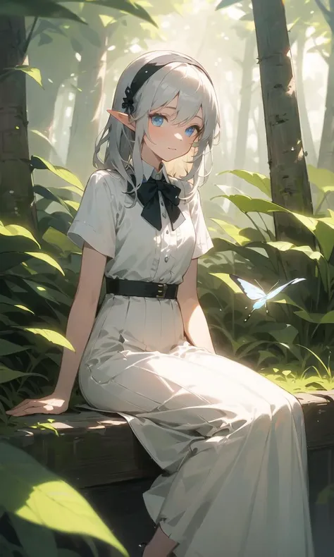 ((masterpiece)), expressionless, (((best quality))), ((illustration)), 
1girl, elf, ((solo)), (detailed face), (beautiful detailed eyes), light eyes, blue eyes, ((disheveled hair)), silver hair, full body,
smile, blank stare, sitting, ((looking to the side)), 
bow tie hair band, white transparent long skirt, noble, mysterious, 
bright background, in forest, nature, sunshines through the leaves, butterfly, river, close-up,