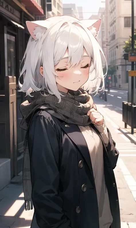 masterpiece, best quality, 1girl, white hair, medium hair, cat ears, closed eyes, looking at viewer, :3, cute, scarf, jacket, outdoors, streets,