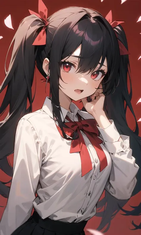 (masterpiece, best quality),a girl, solo, twintails, shirt, skirt, petals, bowtie, earrings, jewelry, bangs, black hair, hair ornament, hair ribbon, red ribbon, red eyes, long hair, open mouth, white shirt, multicolored hair, black skirt, red hair, long sleeves, pink bowtie, hair between eyes, looking at viewer, collared shirt, upper body, hand up, falling petals, depth of field, strong bloom, red background