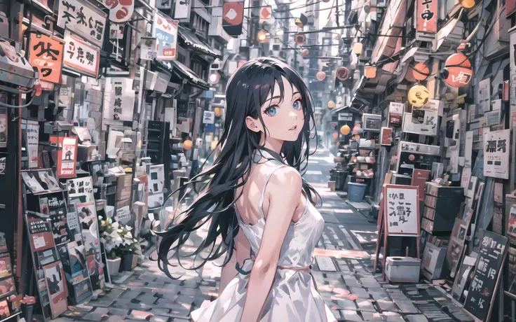 city, building, real_world_location, tokyo_\(city\), dress, 1girl, cityscape, street, car, photo background, road, crosswalk, long_hair, ground_vehicle, scenery, white_dress, sign, outdoors, motor_vehicle, black_hair, solo, japanese alley,, (rim lighting):1.2,soft shadows,vibrant colors,painterly effect,ultra detailed,official art,unity 8k wallpaper,low saturation,