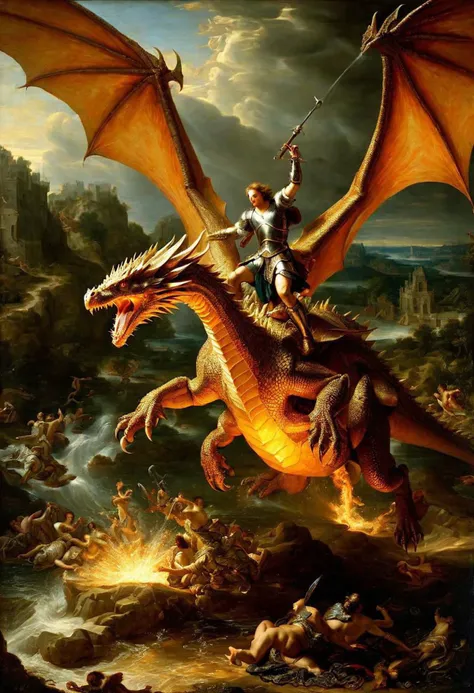 oil painting of icrs, fighting a dragon, best quality, best lighting, best composition, masterpiece, intricate details, fine details, melted wings, renaissance