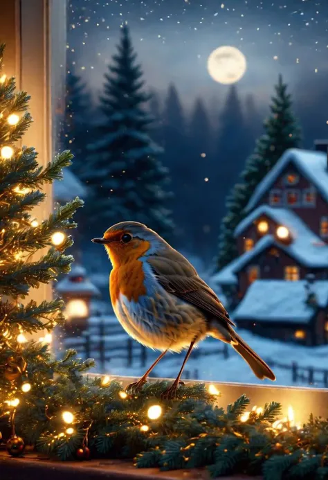 A robin looks outside the window of a house, forrest, christmas tree, fireplace, snow, night, moonlight, highly realistic, gldnglry, highly detailed, 8k